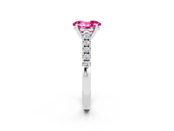 Silver Oval Cut Pink Sapphire Pavé Band Solitaire Ring with Prong Setting