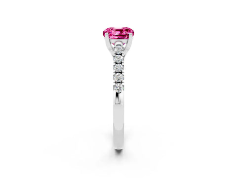 White gold {shape_name} Pink Sapphire Solitaire Ring with Pavé Band and Four-Prong Setting_2