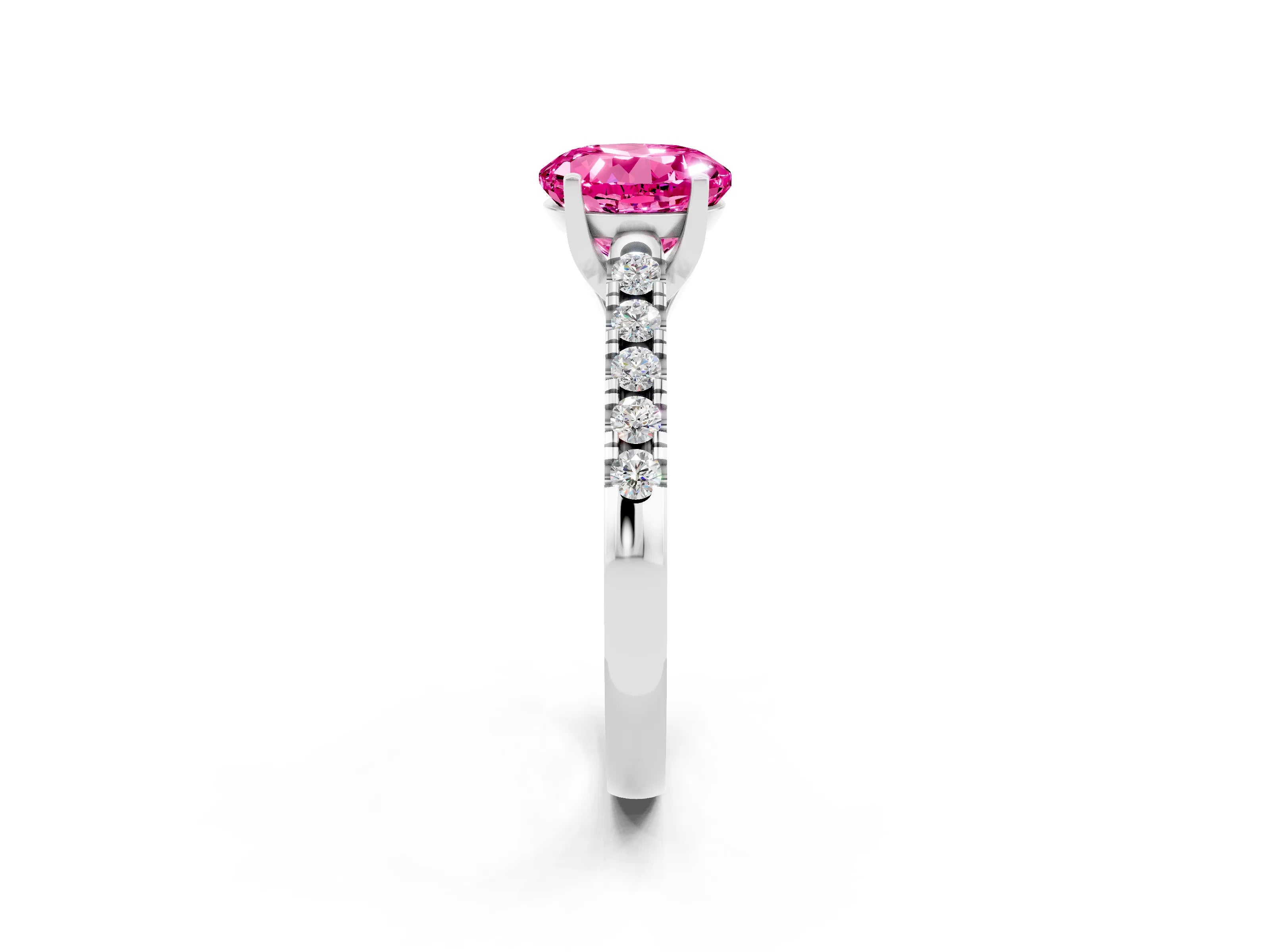 White gold {shape_name} Pink Sapphire Solitaire Ring with Pavé Band and Four-Prong Setting_2