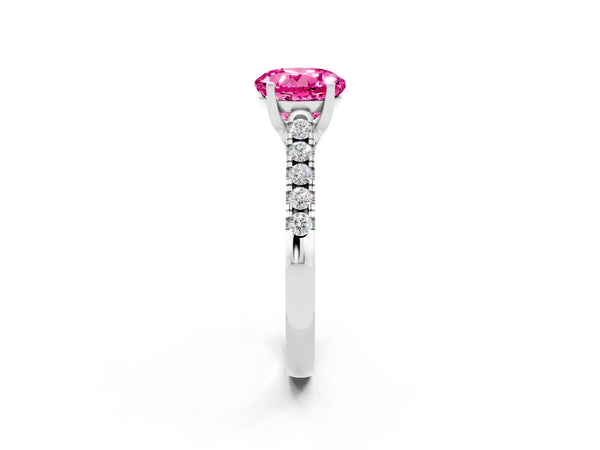 Silver Round Cut Pink Sapphire Pavé Band Solitaire Ring with Prong Setting