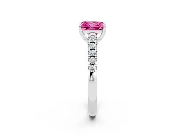 Platinum Princess Cut Pink Sapphire Pavé Band Solitaire Ring with Prong Setting