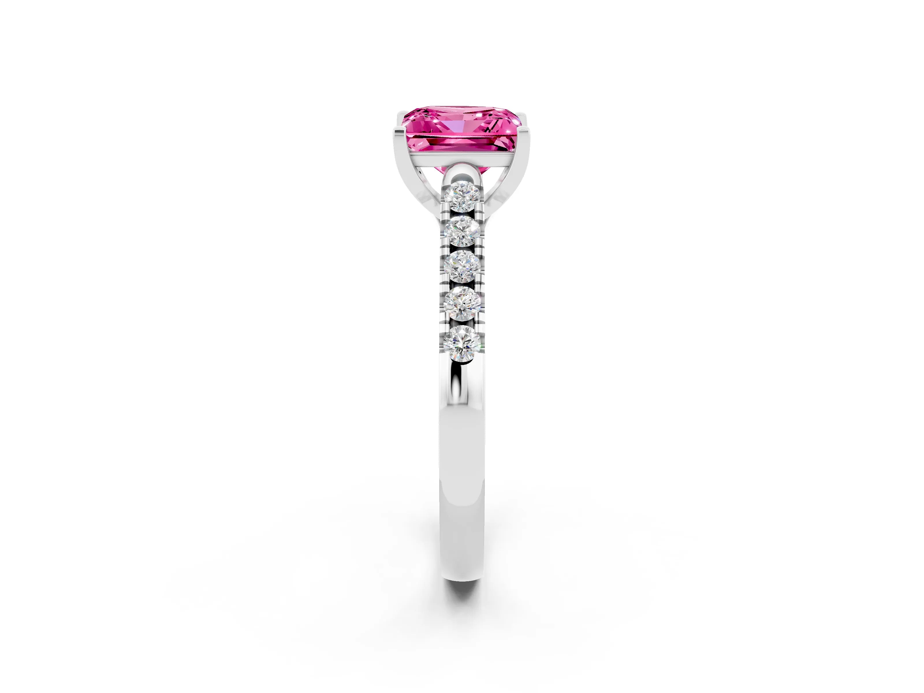 White gold {shape_name} Pink Sapphire Solitaire Ring with Pavé Band and Four-Prong Setting_2