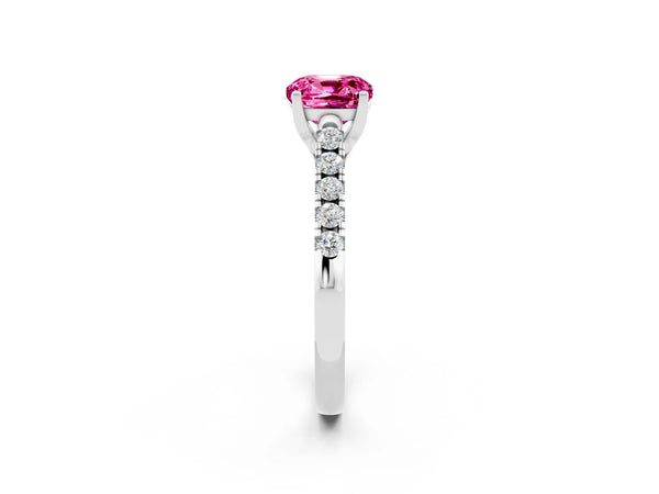 Platinum Cushion Cut Pink Sapphire Pavé Band Solitaire Ring with Prong Setting