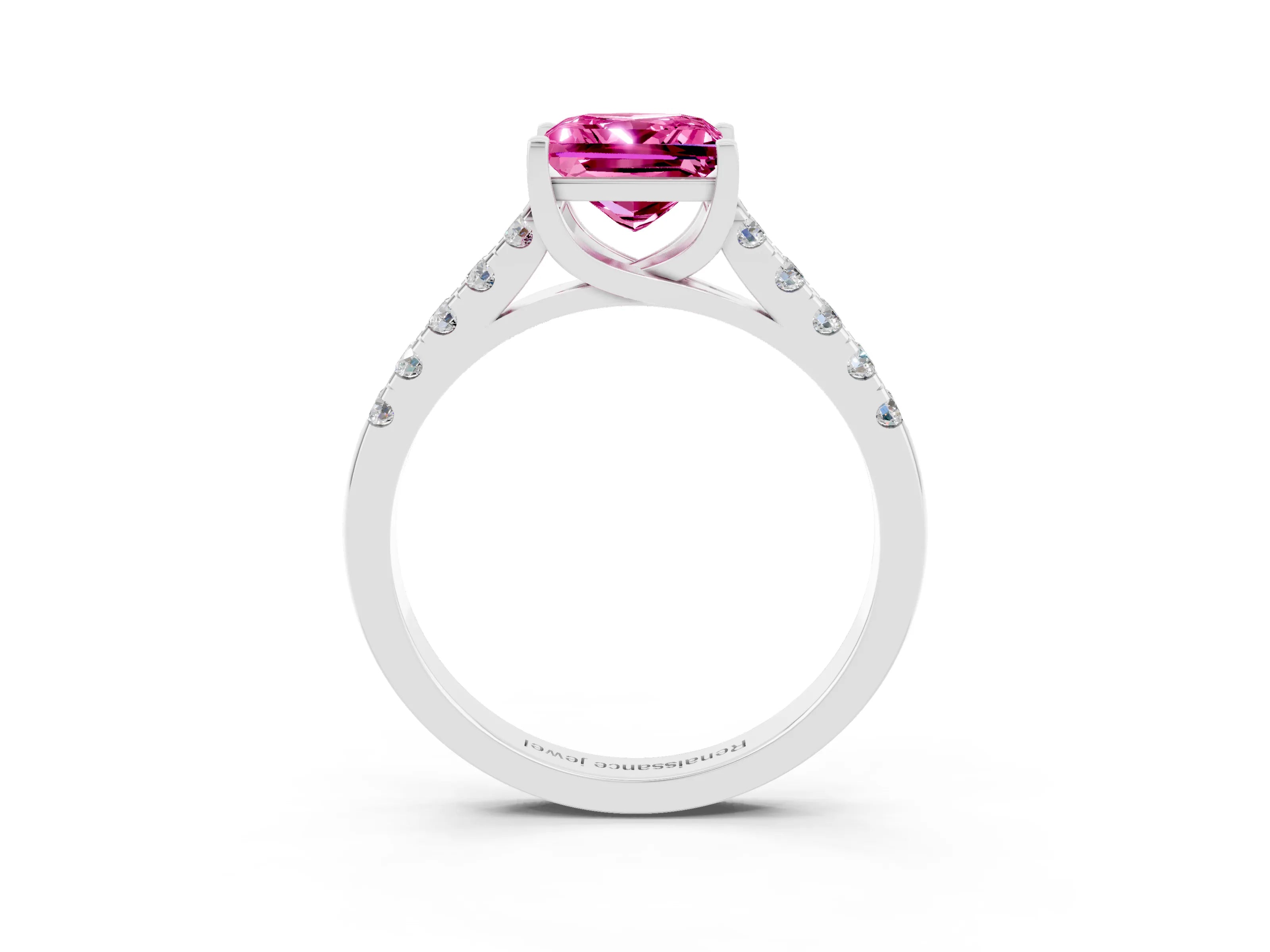 White gold {shape_name} Pink Sapphire Solitaire Ring with Pavé Band and Four-Prong Setting_3