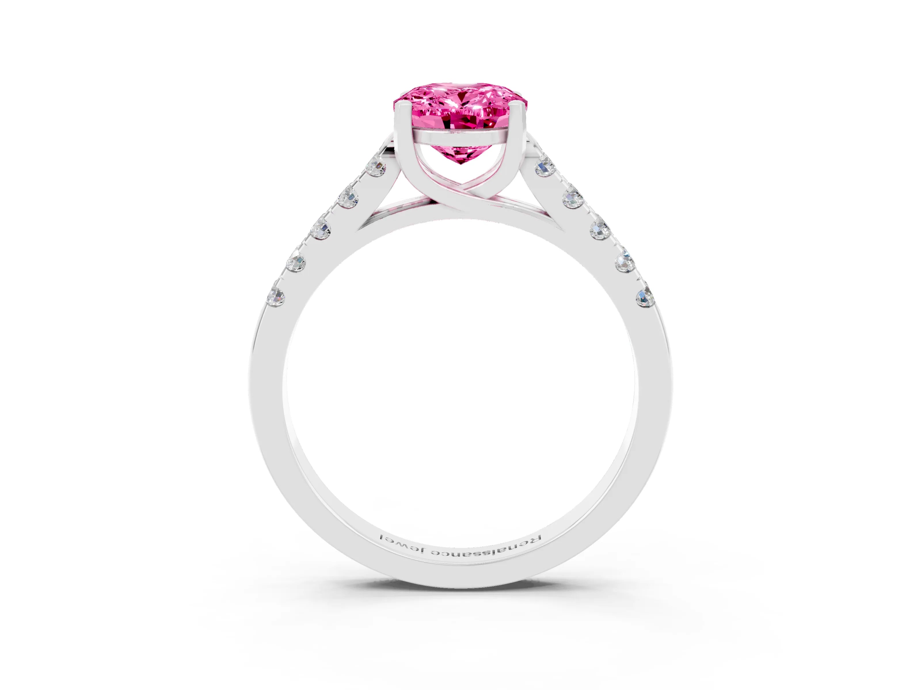 White gold {shape_name} Pink Sapphire Solitaire Ring with Pavé Band and Four-Prong Setting_3
