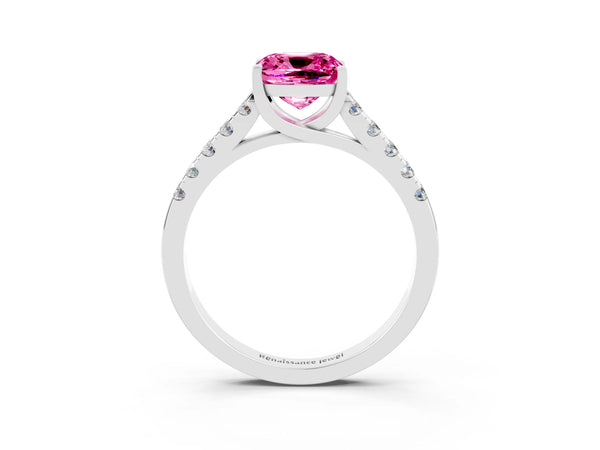 Silver Cushion Cut Pink Sapphire Pavé Band Solitaire Ring with Prong Setting