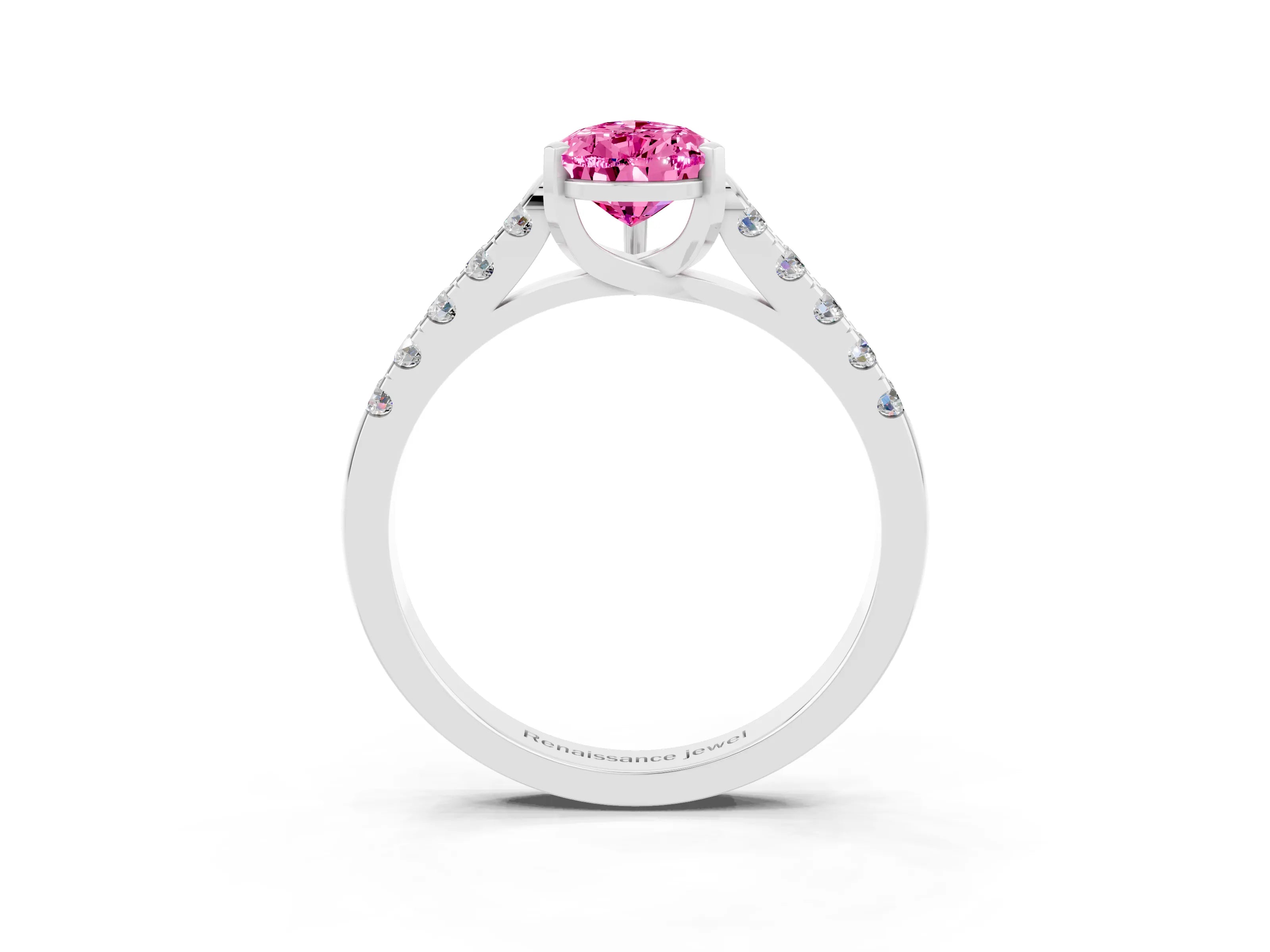 White gold {shape_name} Pink Sapphire Solitaire Ring with Pavé Band and Four-Prong Setting_3