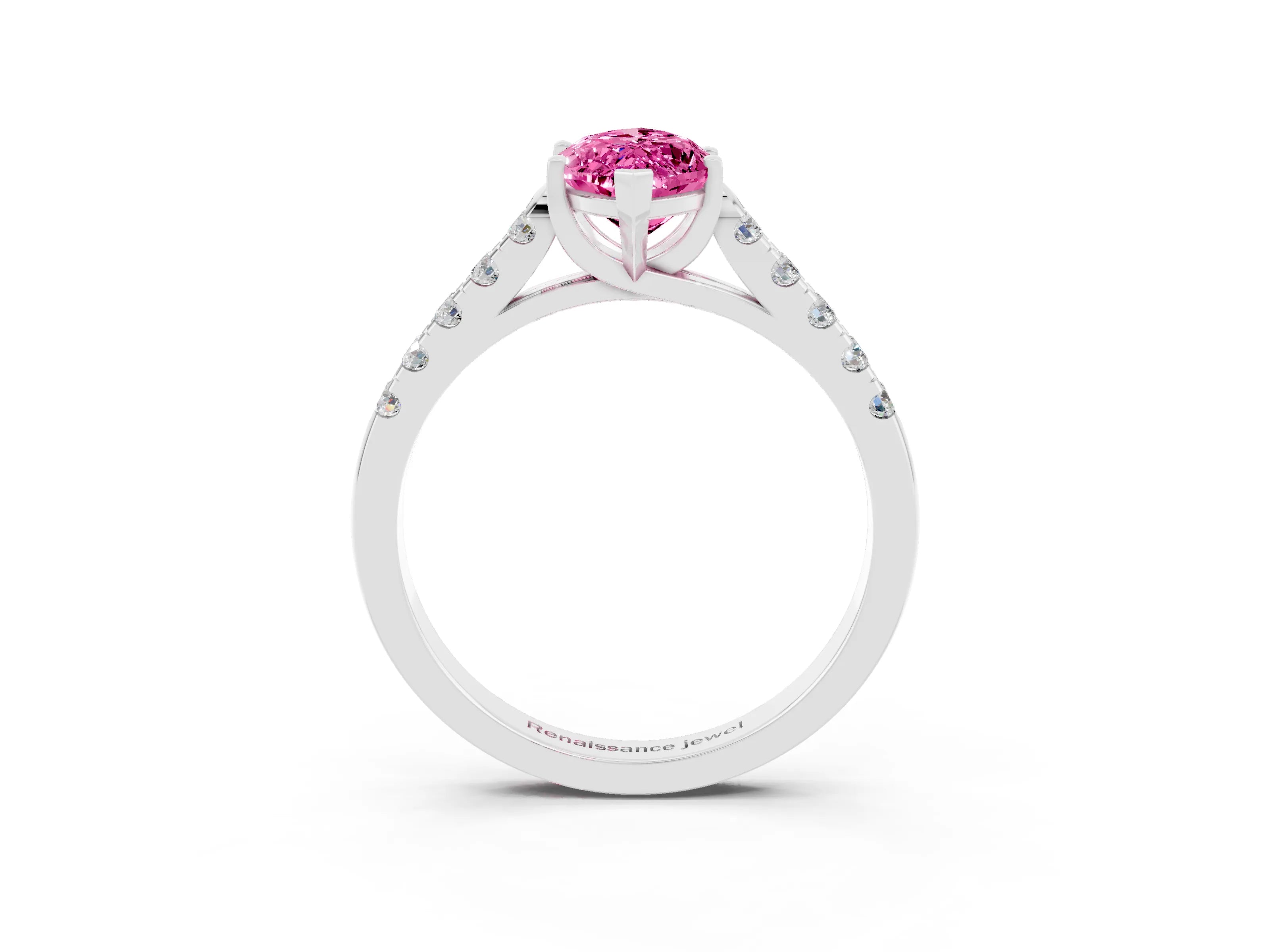 White gold {shape_name} Pink Sapphire Solitaire Ring with Pavé Band and Four-Prong Setting_3