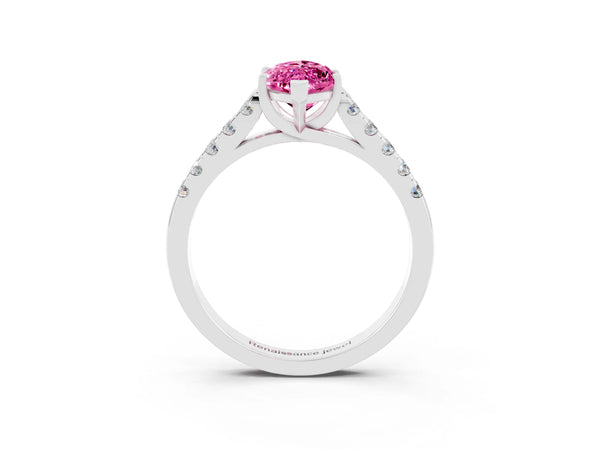 Silver Marquise Cut Pink Sapphire Pavé Band Solitaire Ring with Prong Setting