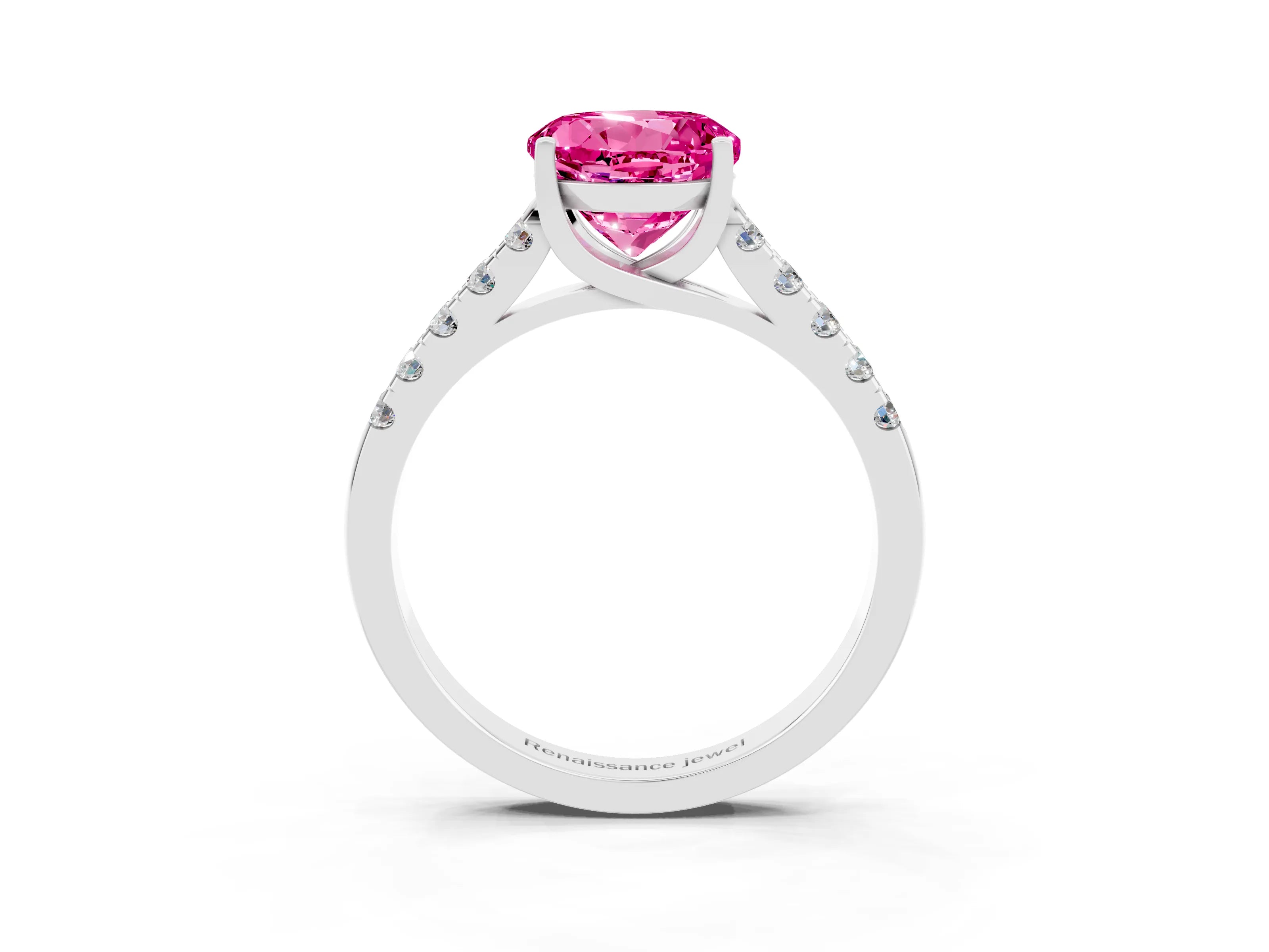White gold {shape_name} Pink Sapphire Solitaire Ring with Pavé Band and Four-Prong Setting_3