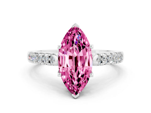 White gold {shape_name} Pink Sapphire Solitaire Ring with Pavé Band and Four-Prong Setting