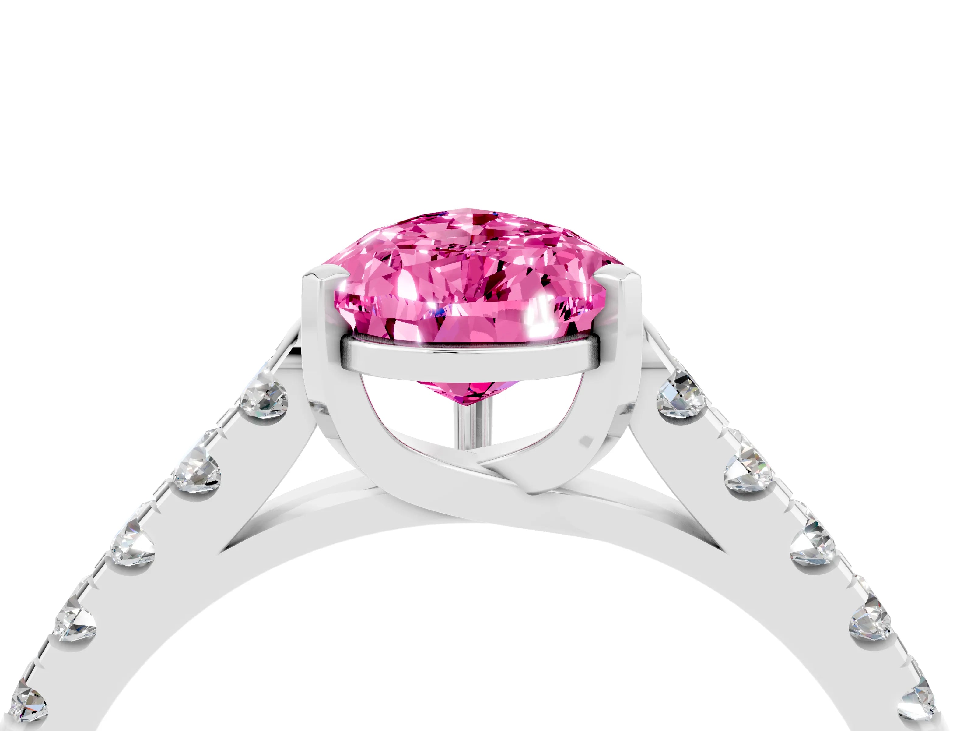 White gold {shape_name} Pink Sapphire Solitaire Ring with Pavé Band and Four-Prong Setting_4
