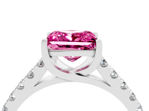 White gold {shape_name} Pink Sapphire Solitaire Ring with Pavé Band and Four-Prong Setting_4