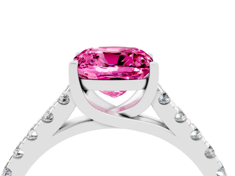 White gold {shape_name} Pink Sapphire Solitaire Ring with Pavé Band and Four-Prong Setting_4