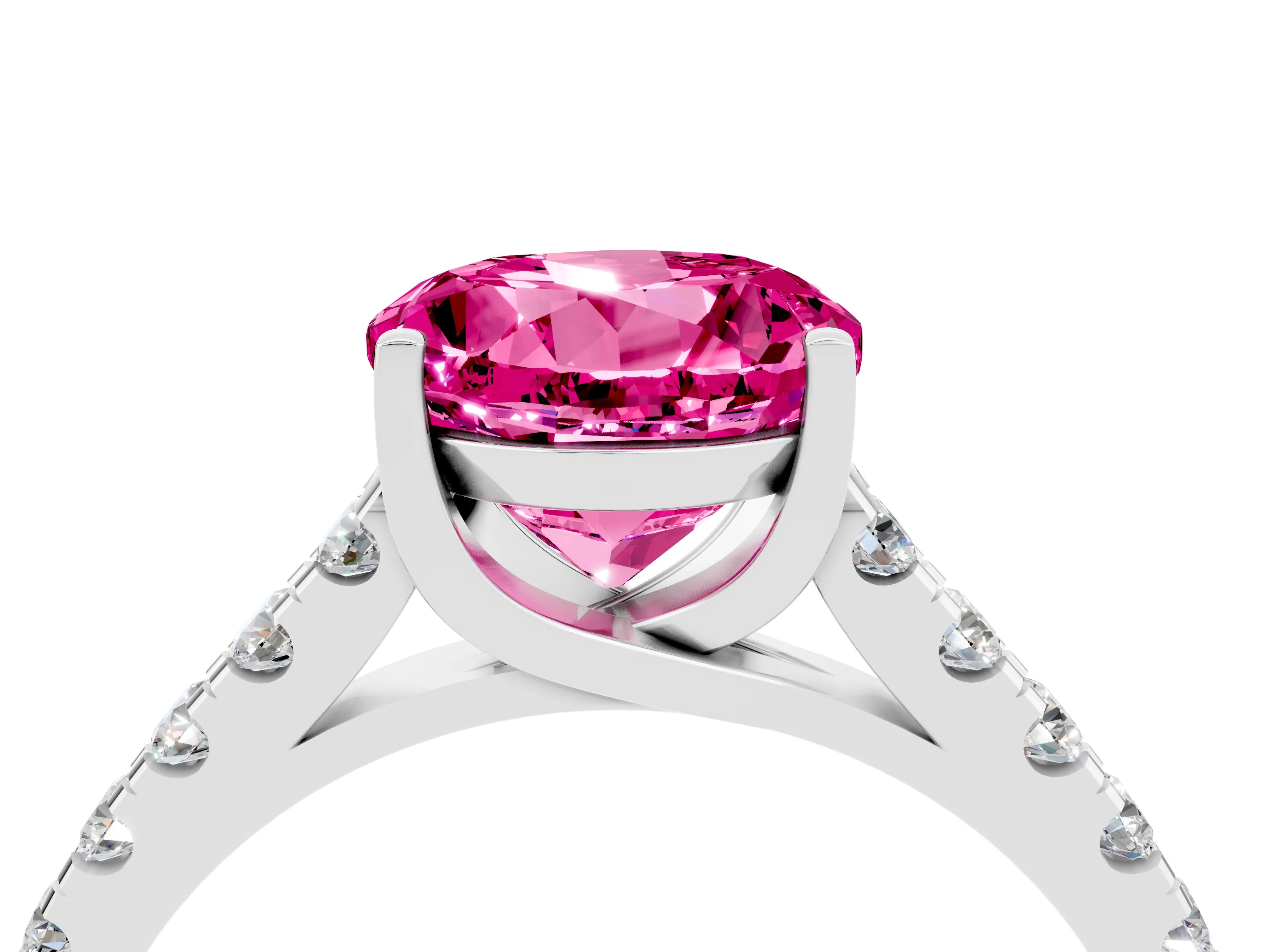 White gold {shape_name} Pink Sapphire Solitaire Ring with Pavé Band and Four-Prong Setting_4