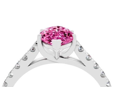 White gold {shape_name} Pink Sapphire Solitaire Ring with Pavé Band and Four-Prong Setting_4