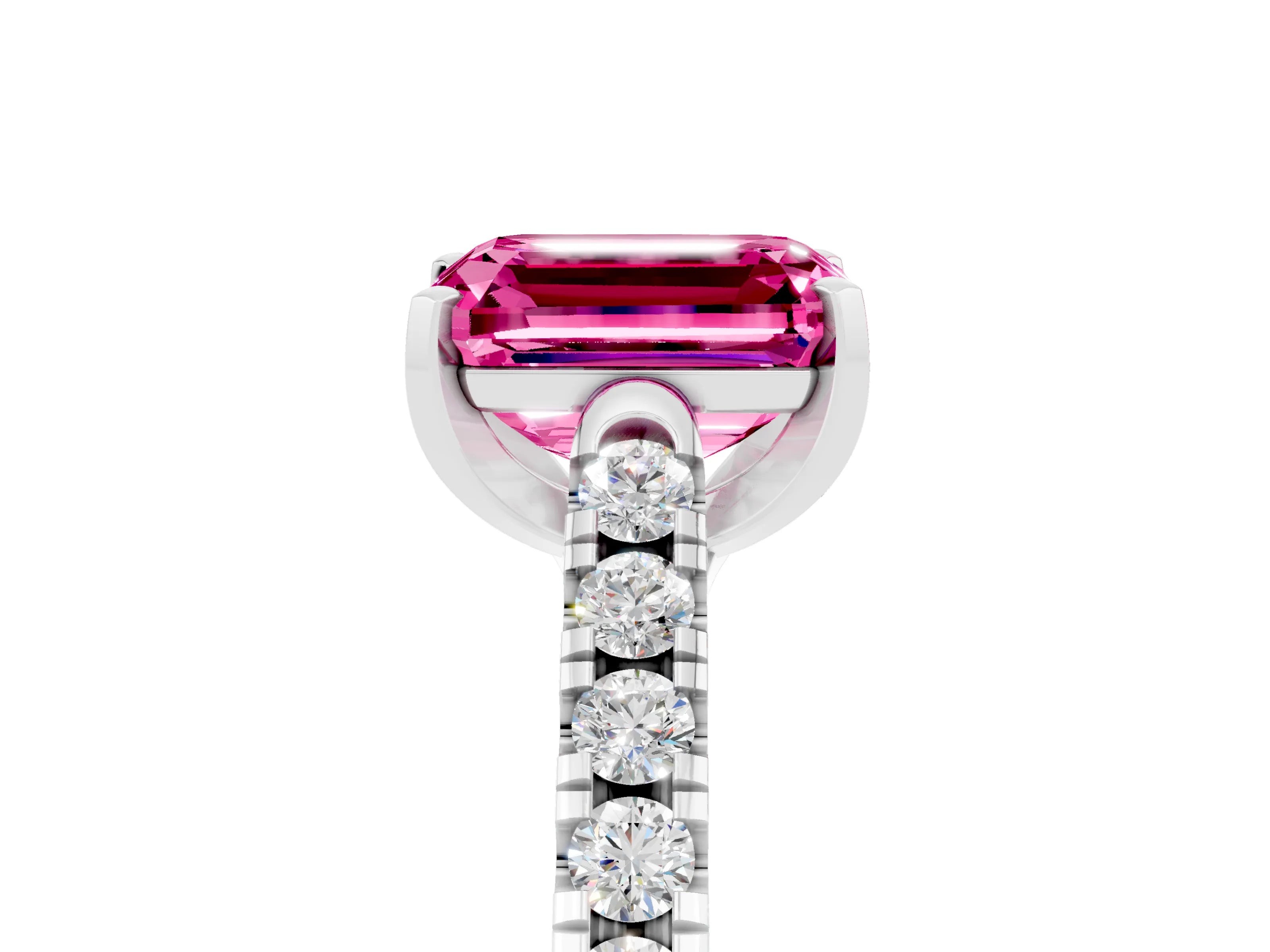 White gold {shape_name} Pink Sapphire Solitaire Ring with Pavé Band and Four-Prong Setting_5