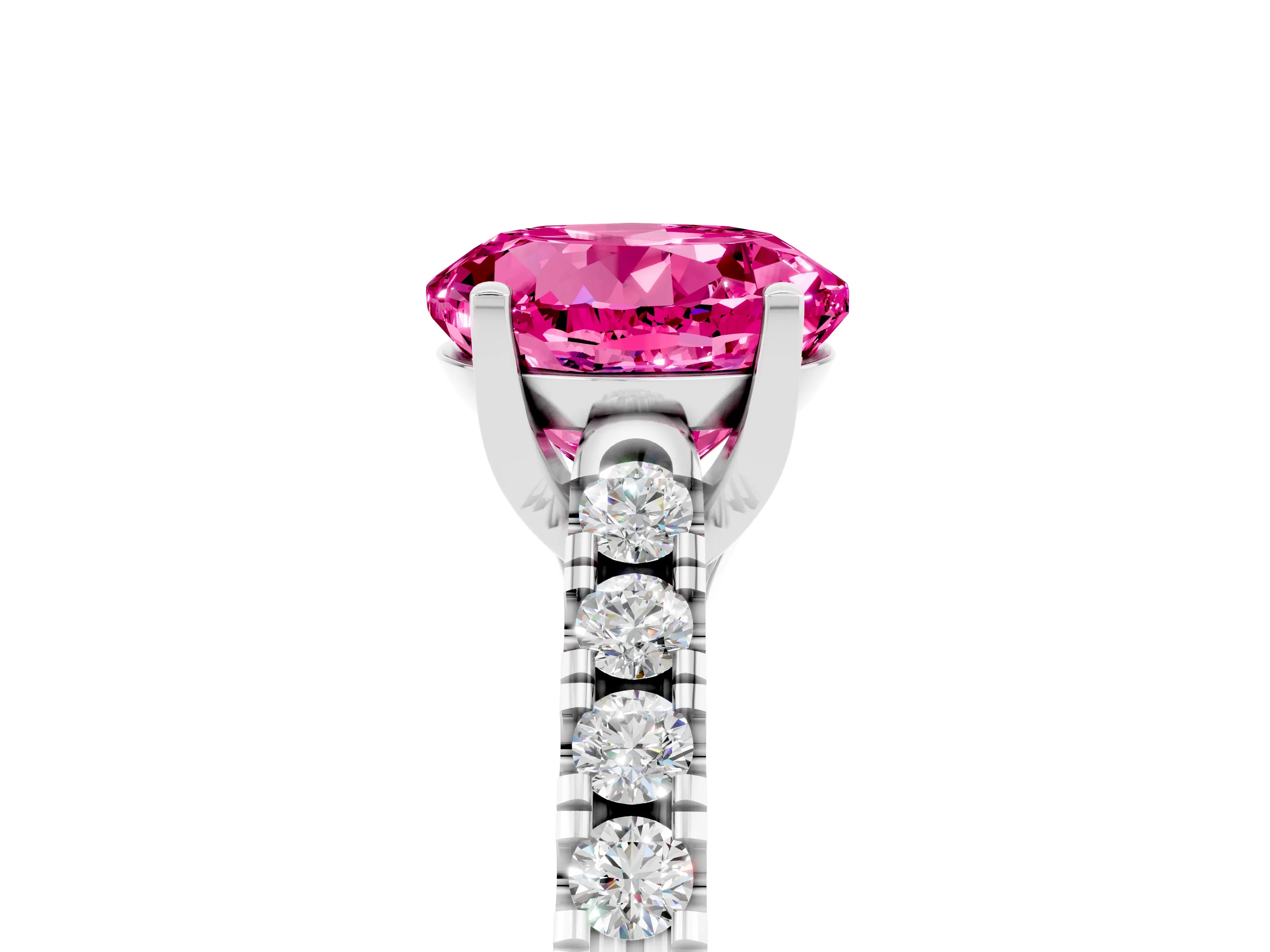 White gold {shape_name} Pink Sapphire Solitaire Ring with Pavé Band and Four-Prong Setting_5