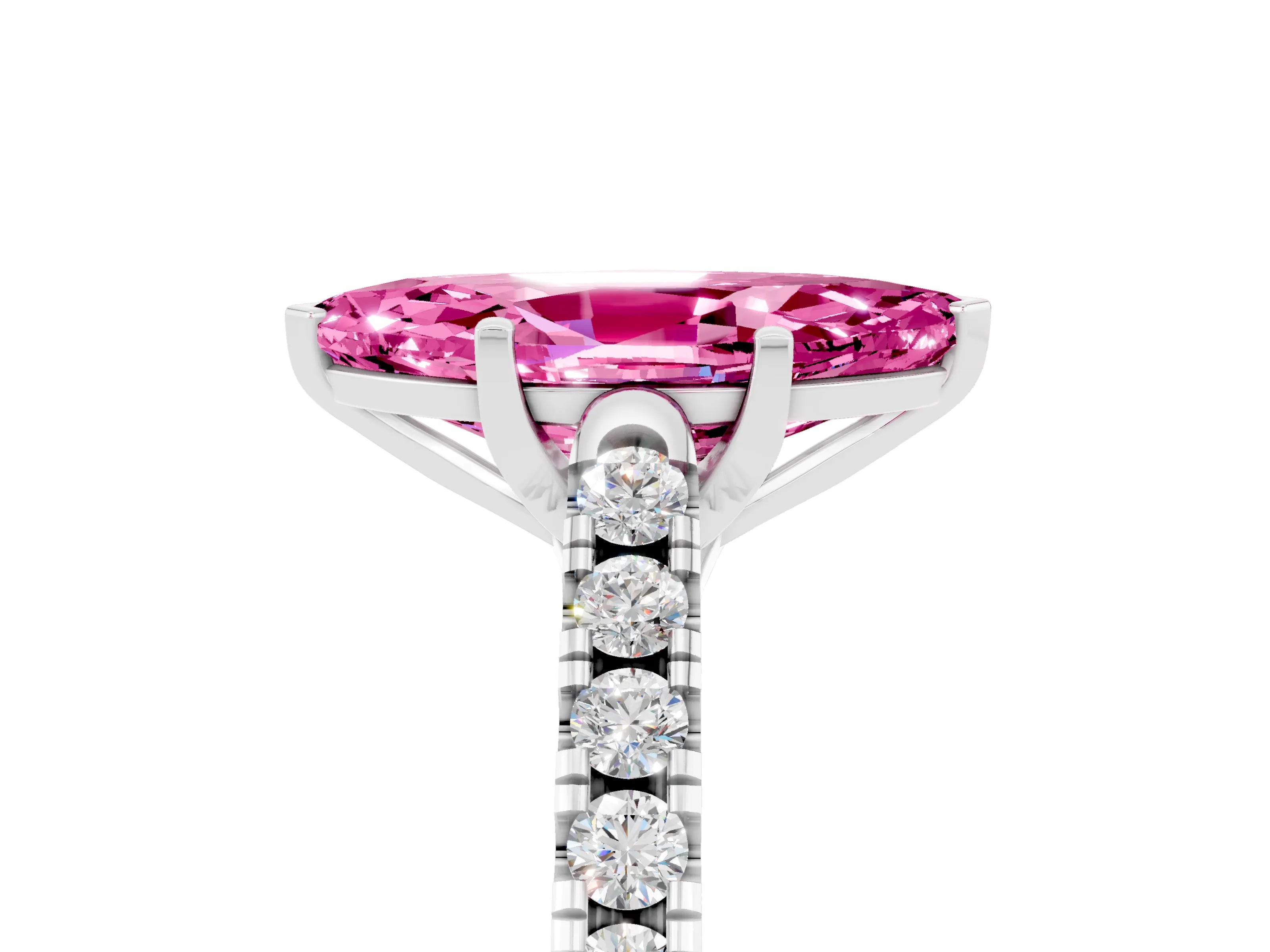 White gold {shape_name} Pink Sapphire Solitaire Ring with Pavé Band and Four-Prong Setting_5