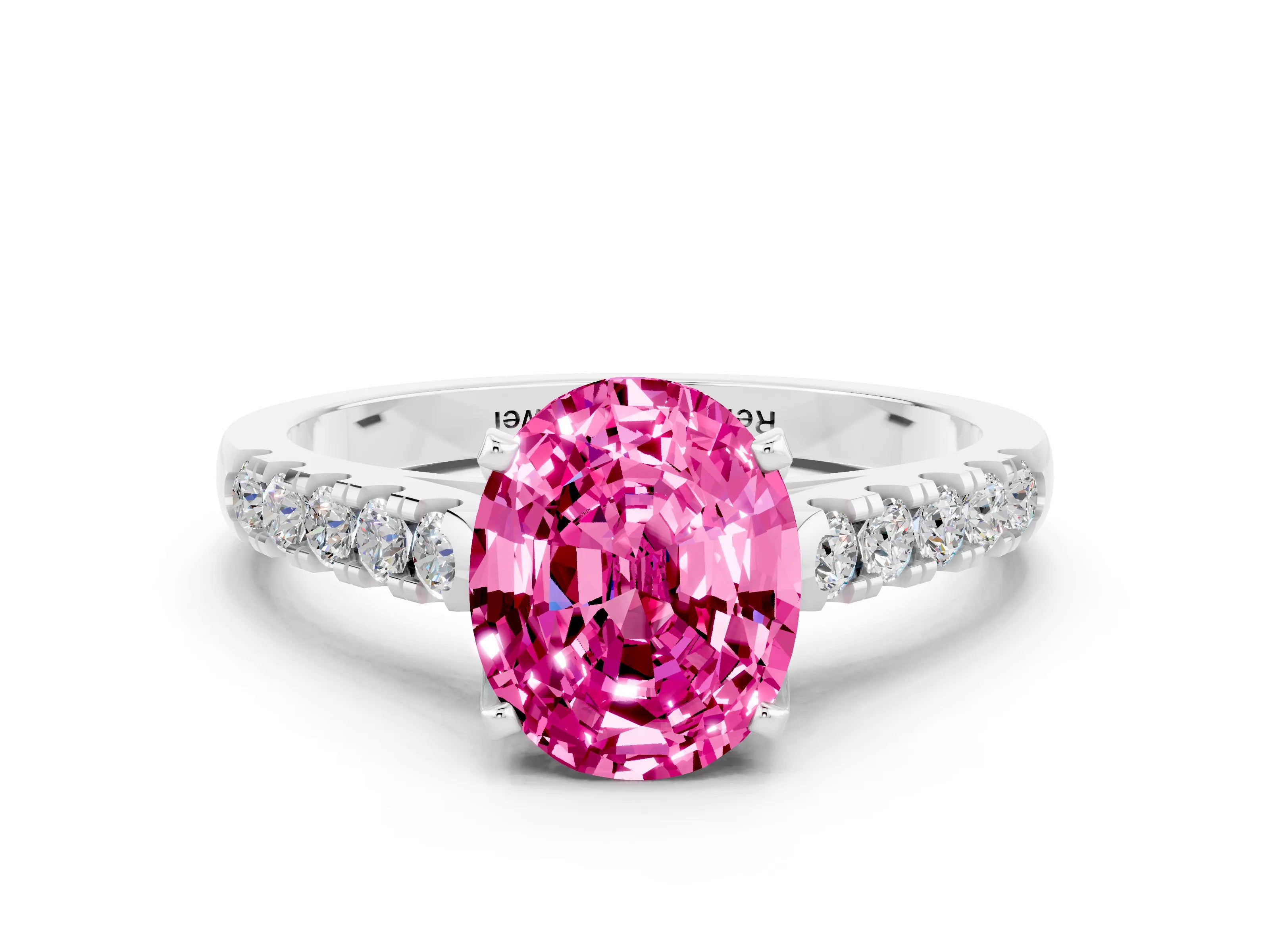 White gold {shape_name} Pink Sapphire Solitaire Ring with Pavé Band and Four-Prong Setting