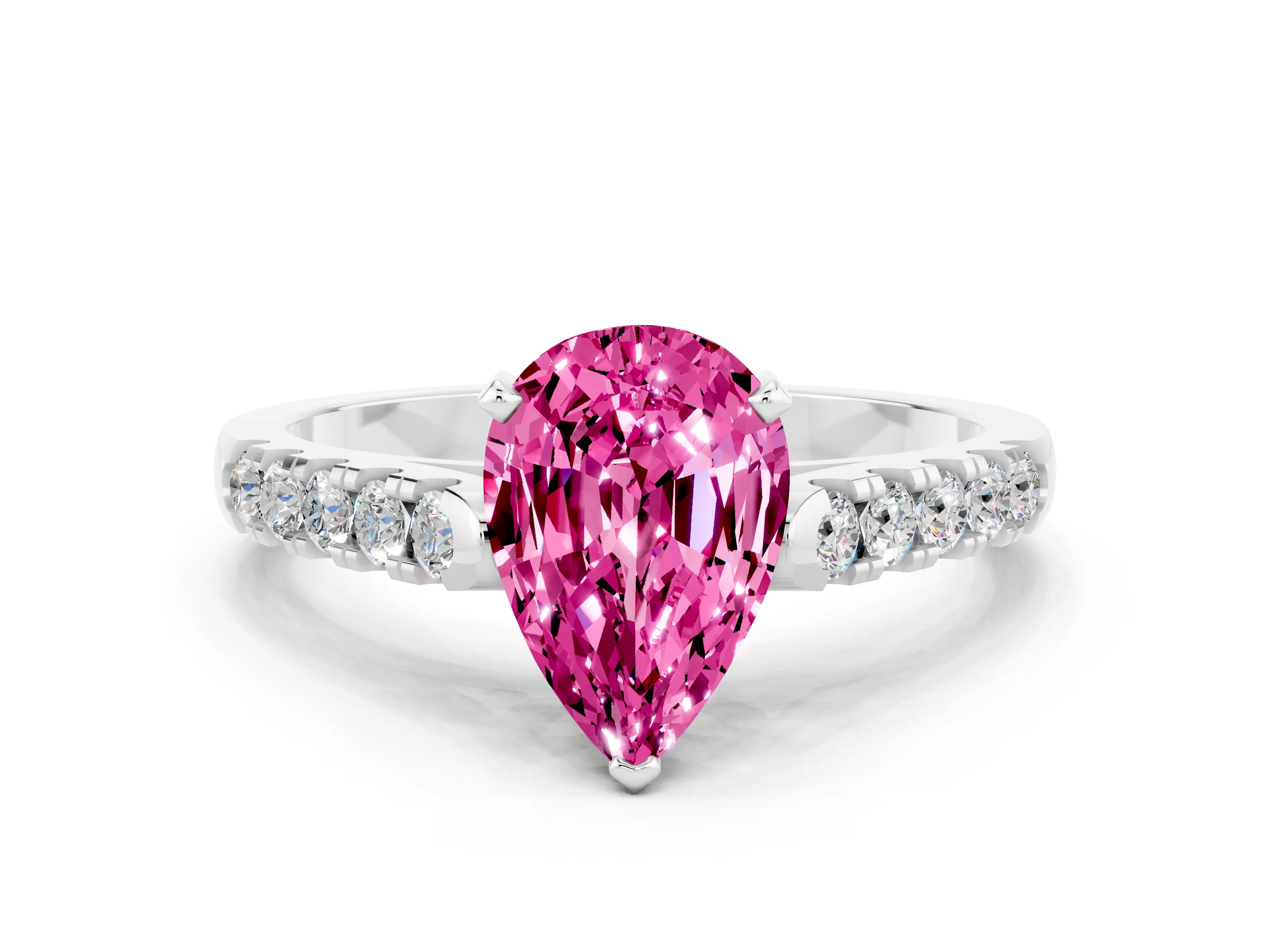 White gold {shape_name} Pink Sapphire Solitaire Ring with Pavé Band and Four-Prong Setting