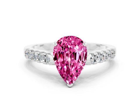 White gold {shape_name} Pink Sapphire Solitaire Ring with Pavé Band and Four-Prong Setting