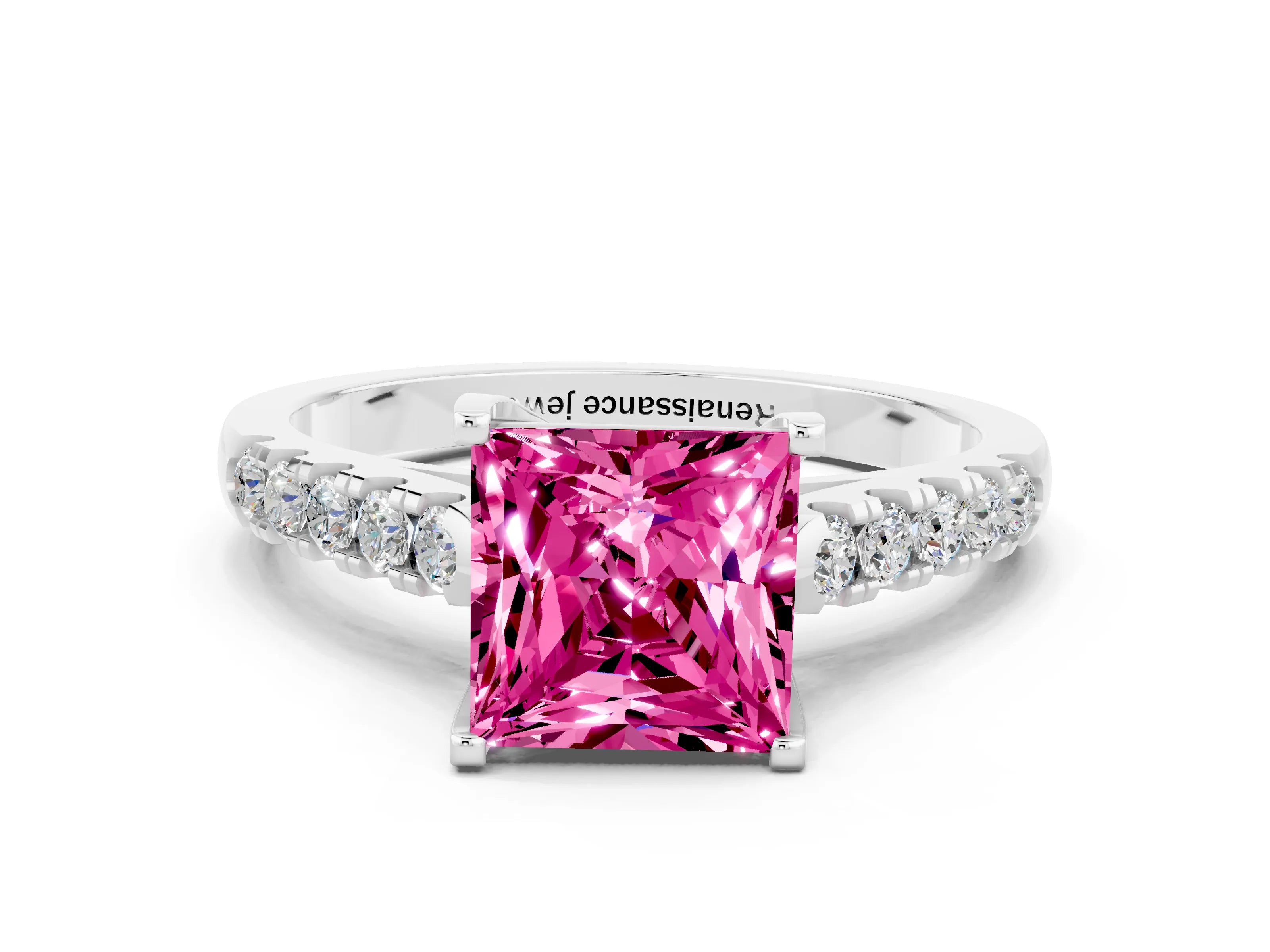 White gold {shape_name} Pink Sapphire Solitaire Ring with Pavé Band and Four-Prong Setting
