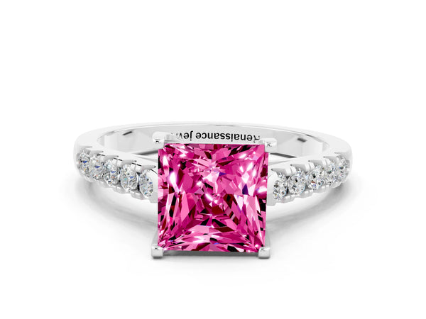 Platinum Princess Cut Pink Sapphire Pavé Band Solitaire Ring with Prong Setting