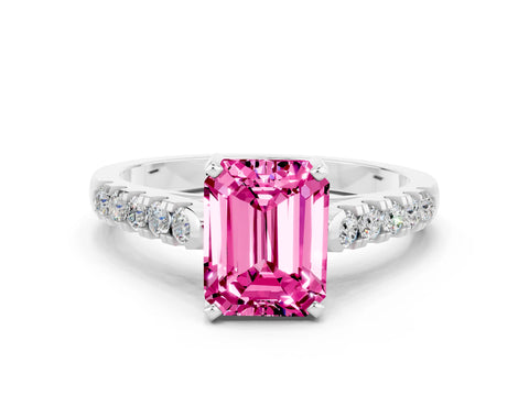 White gold {shape_name} Pink Sapphire Solitaire Ring with Pavé Band and Four-Prong Setting