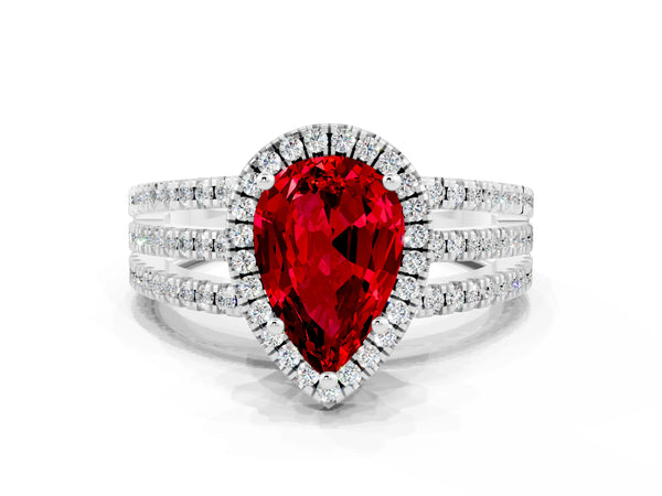 Platinum Pear Cut Ruby Halo Engagement Ring with Split Shank and Four-Prong Setting