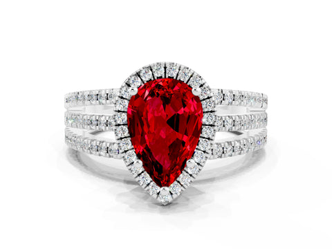 White gold {shape_name} Ruby Halo Engagement Ring with Split Shank and Four-Prong Setting