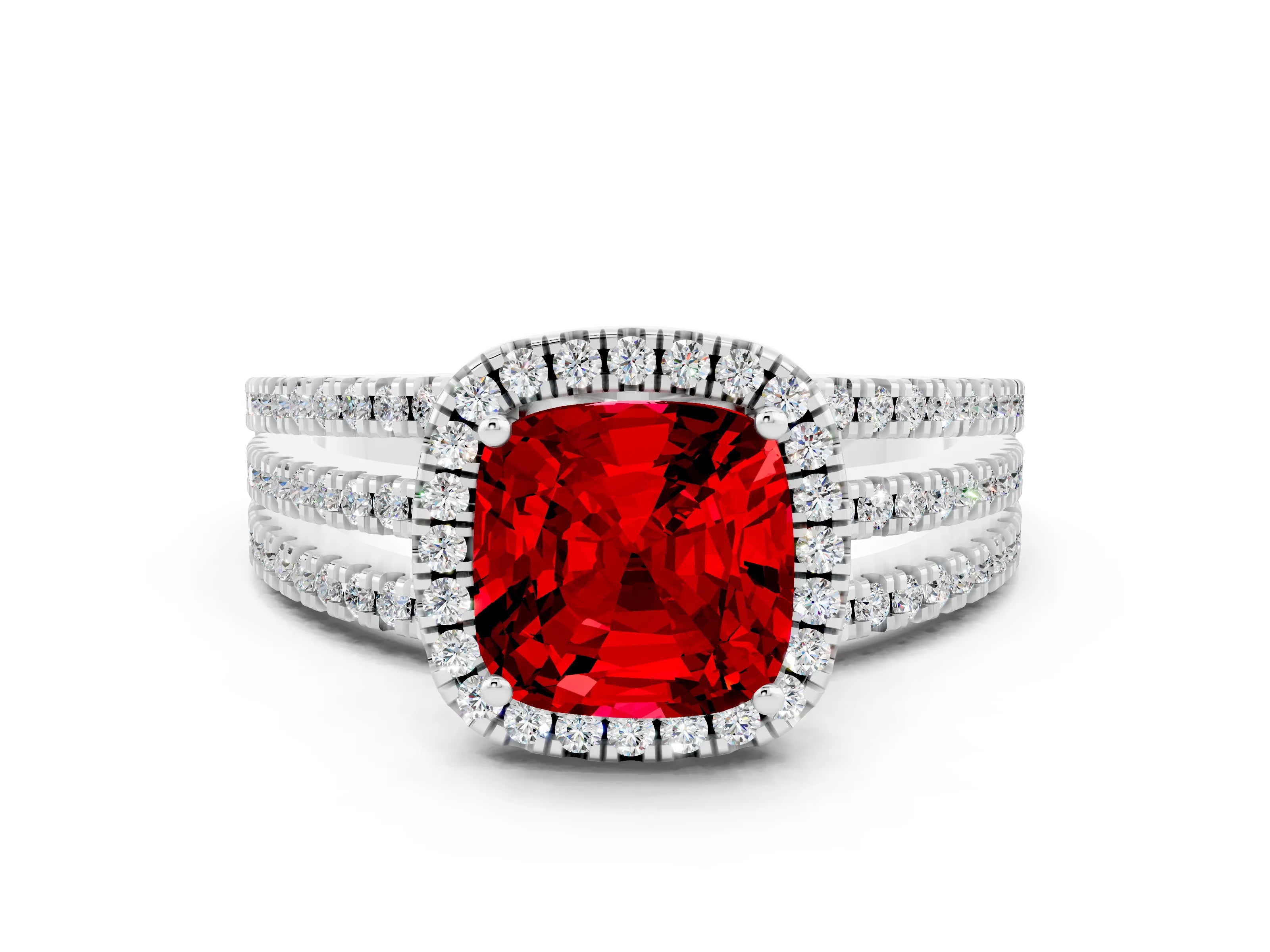 White gold {shape_name} Ruby Halo Engagement Ring with Split Shank and Four-Prong Setting