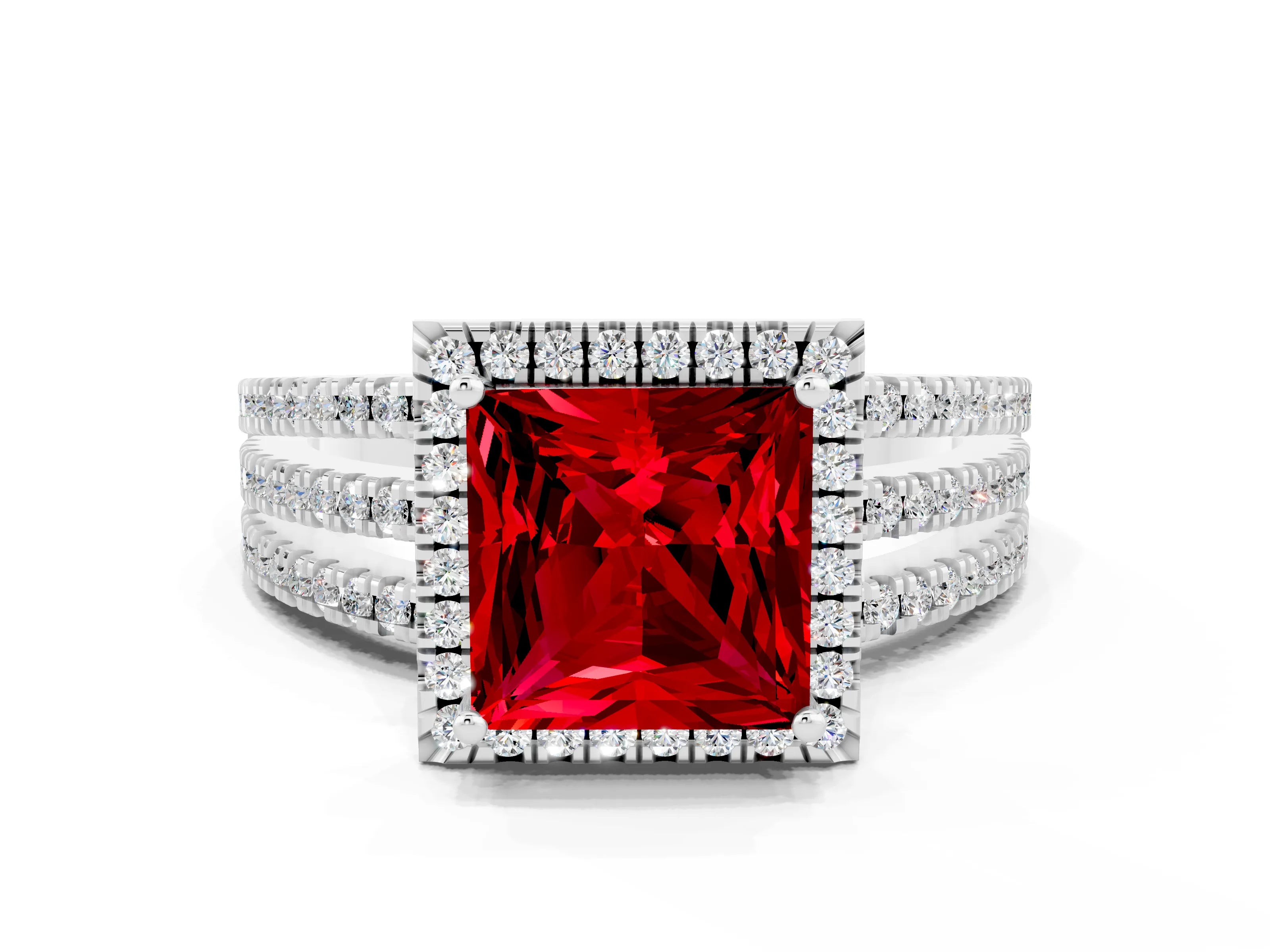 White gold {shape_name} Ruby Halo Engagement Ring with Split Shank and Four-Prong Setting_12