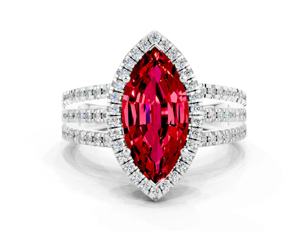 White gold Marquise Cut Ruby Halo Engagement Ring with Split Shank and Four-Prong Setting