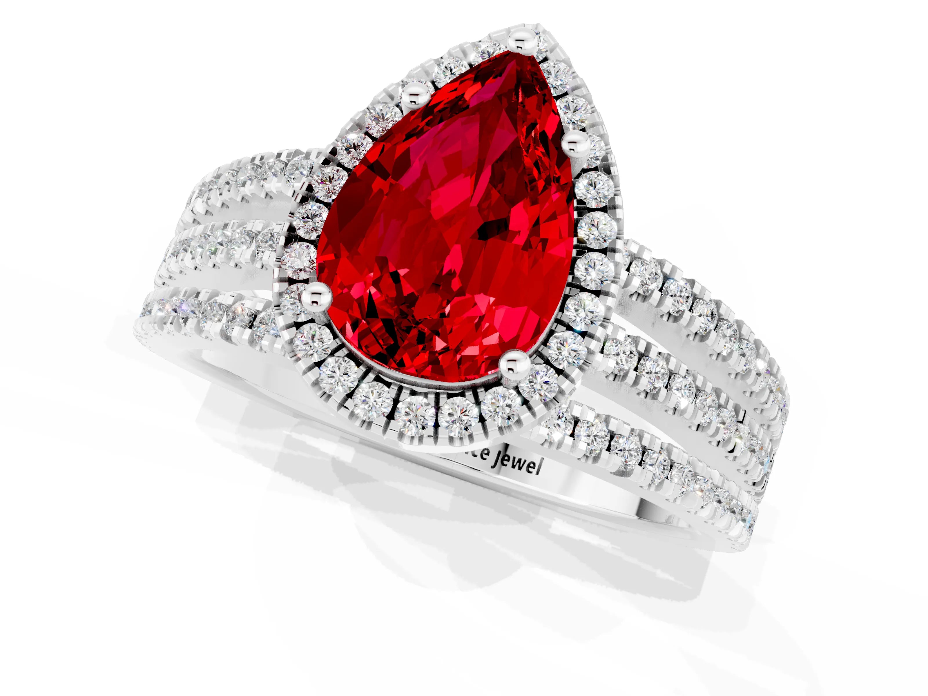 White gold {shape_name} Ruby Halo Engagement Ring with Split Shank and Four-Prong Setting_13