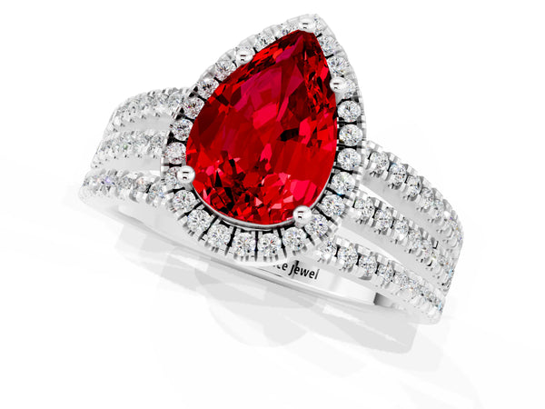 White gold Pear Cut Ruby Halo Engagement Ring with Split Shank and Four-Prong Setting