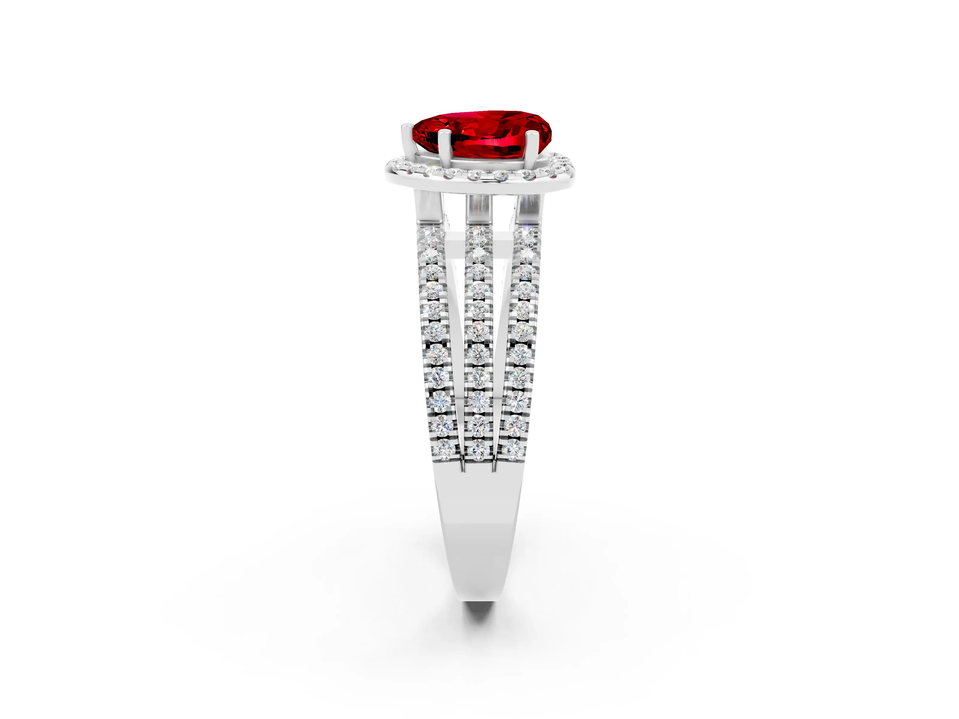 White gold {shape_name} Ruby Halo Engagement Ring with Split Shank and Four-Prong Setting_14