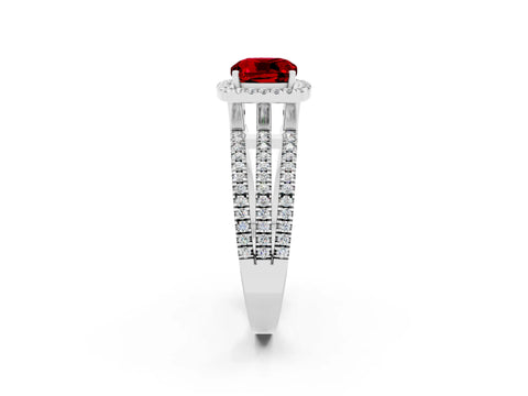 White gold {shape_name} Ruby Halo Engagement Ring with Split Shank and Four-Prong Setting_14