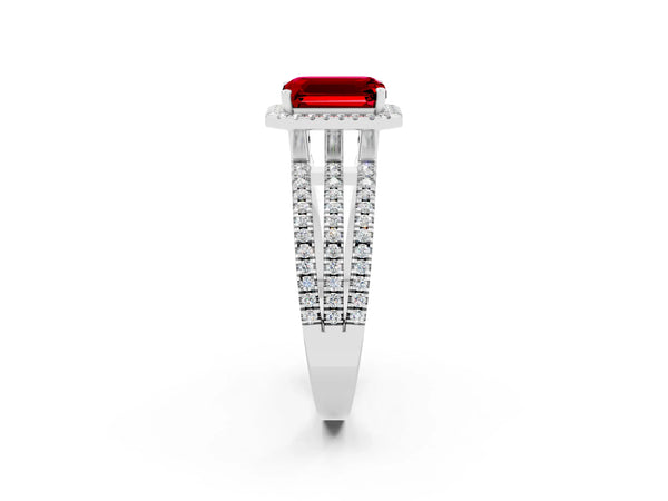 White gold Emerald Cut Ruby Halo Engagement Ring with Split Shank and Four-Prong Setting