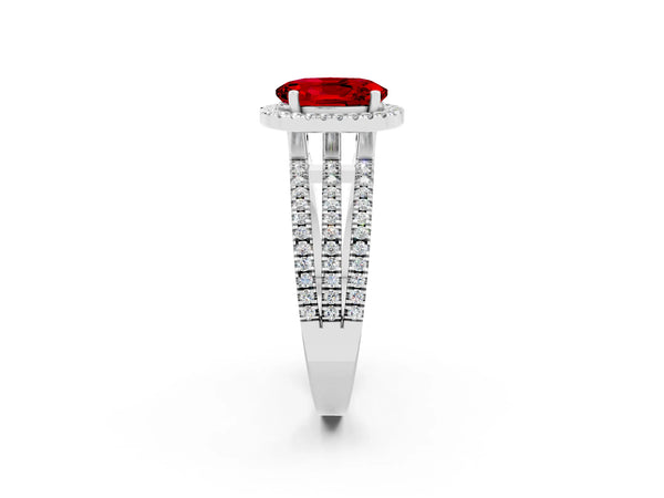 White gold Oval Cut Ruby Halo Engagement Ring with Split Shank and Four-Prong Setting