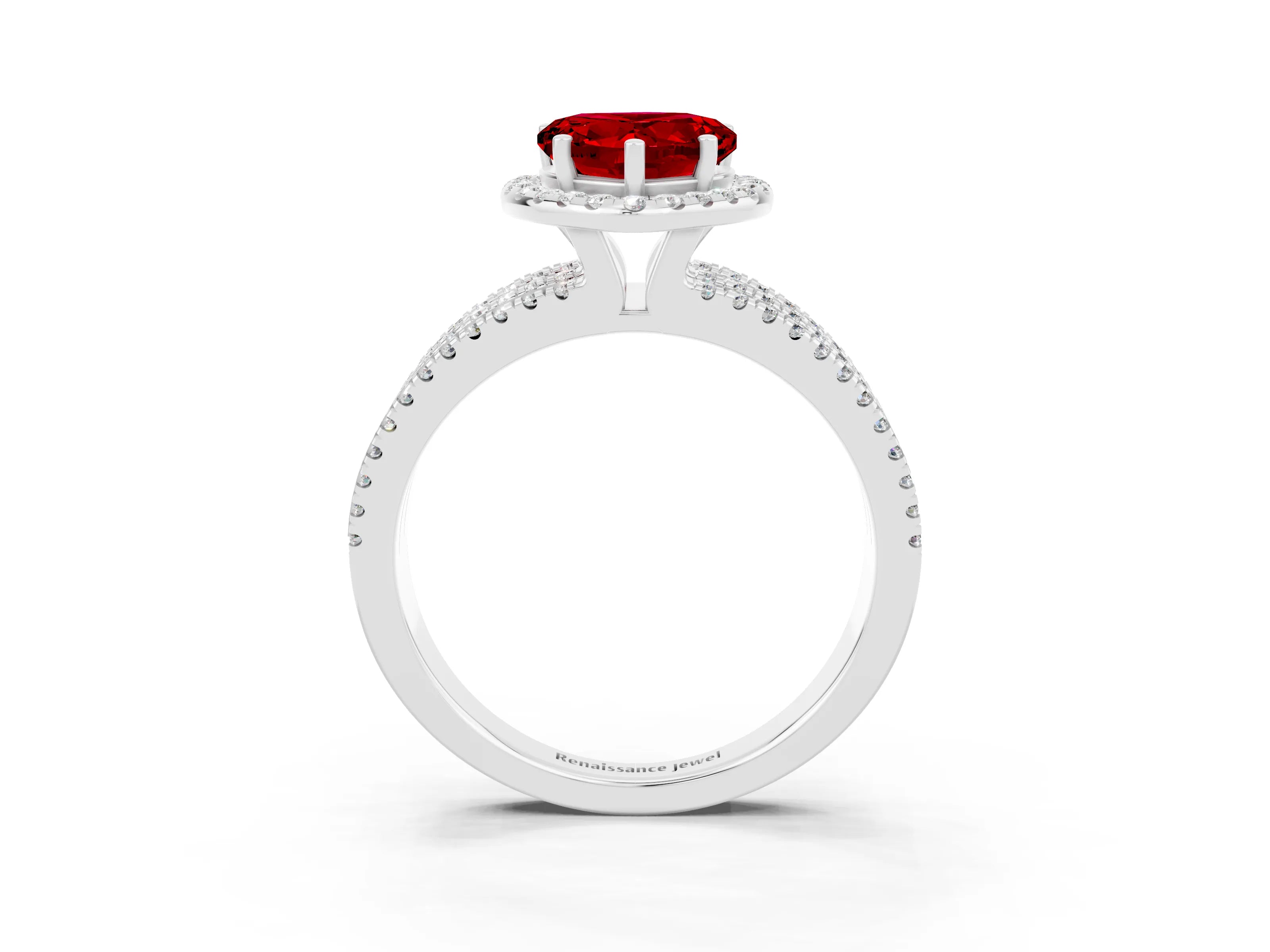White gold {shape_name} Ruby Halo Engagement Ring with Split Shank and Four-Prong Setting_15