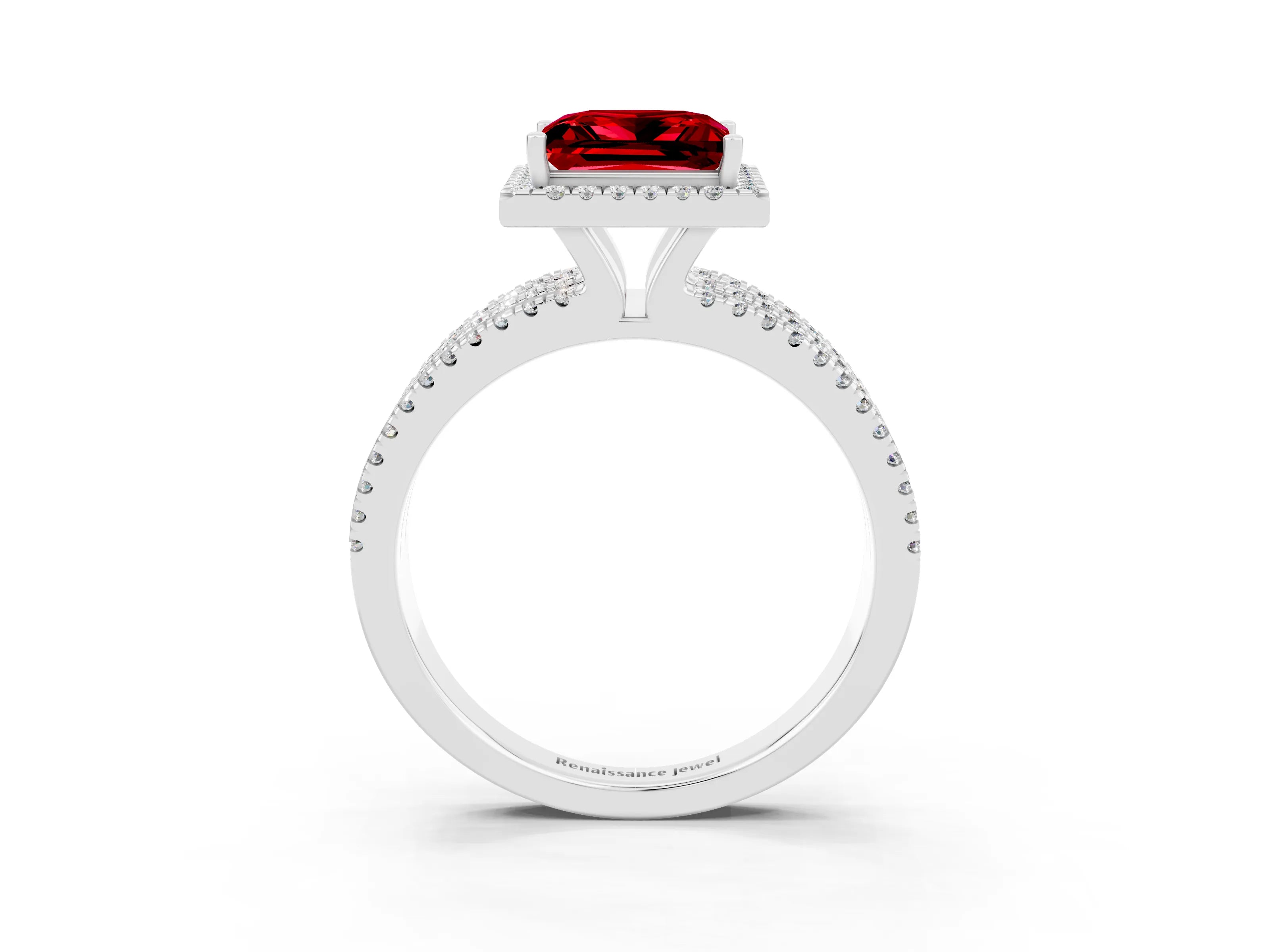 White gold {shape_name} Ruby Halo Engagement Ring with Split Shank and Four-Prong Setting_15