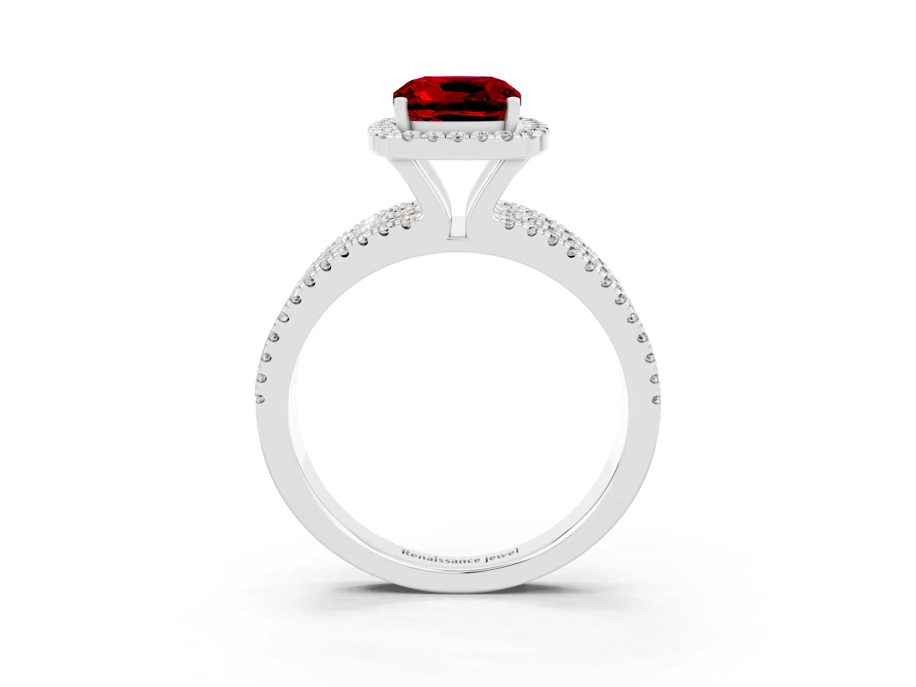 White gold {shape_name} Ruby Halo Engagement Ring with Split Shank and Four-Prong Setting_15
