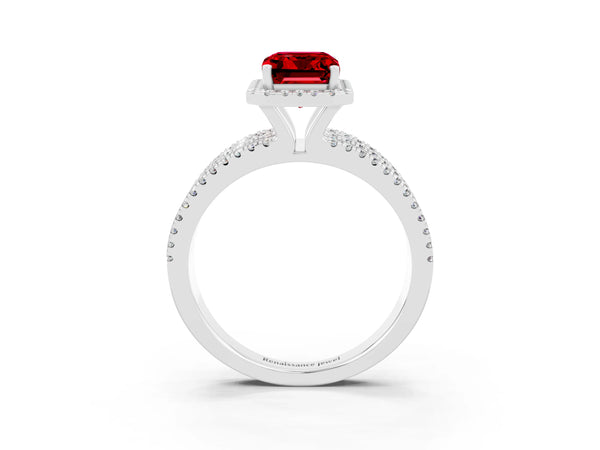 White gold Emerald Cut Ruby Halo Engagement Ring with Split Shank and Four-Prong Setting