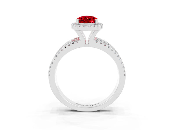 White gold Pear Cut Ruby Halo Engagement Ring with Split Shank and Four-Prong Setting