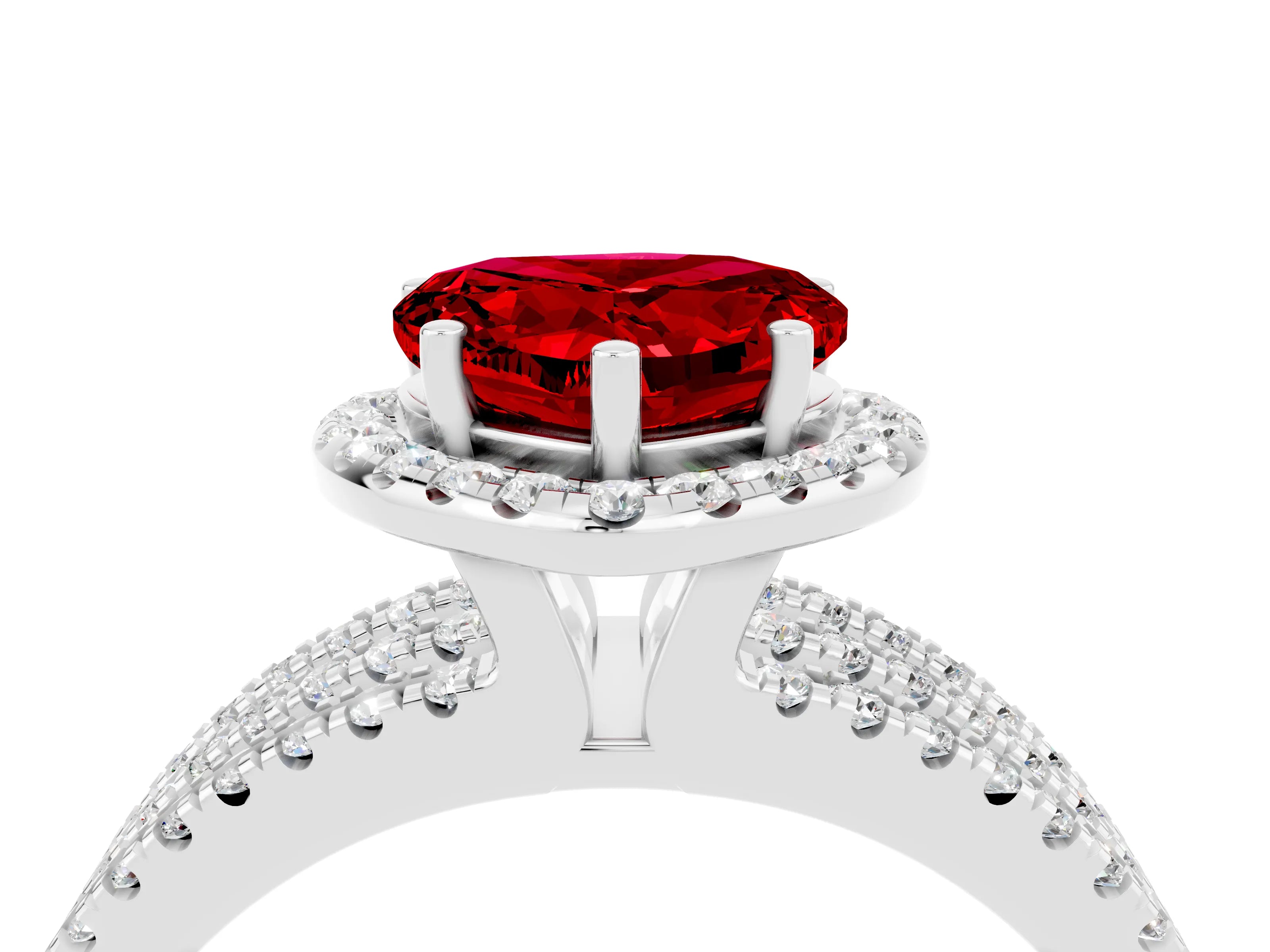 White gold {shape_name} Ruby Halo Engagement Ring with Split Shank and Four-Prong Setting_16