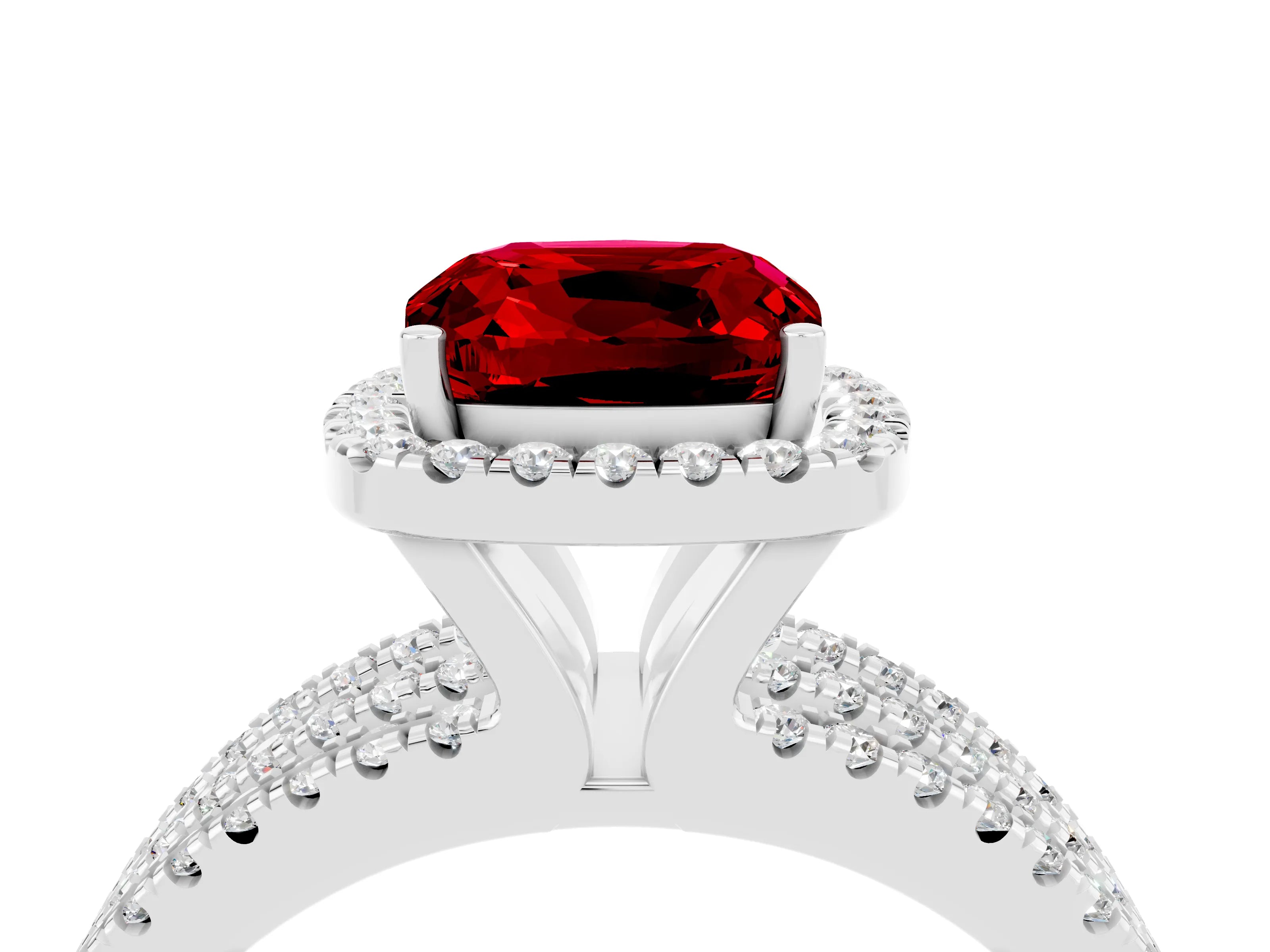 White gold {shape_name} Ruby Halo Engagement Ring with Split Shank and Four-Prong Setting_16