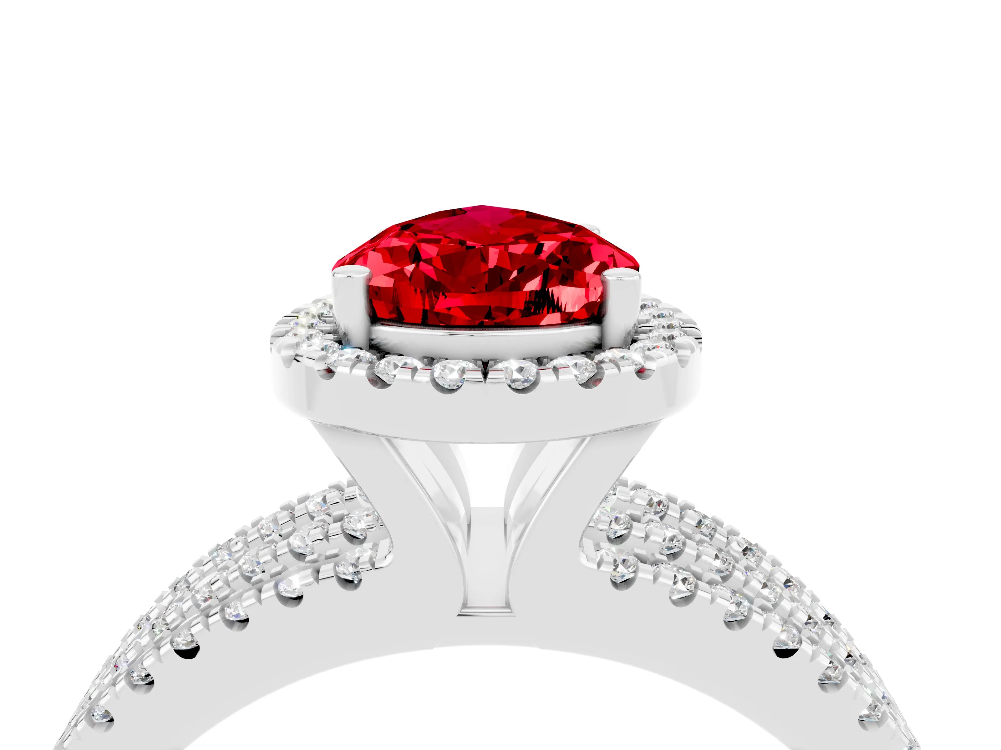 White gold {shape_name} Ruby Halo Engagement Ring with Split Shank and Four-Prong Setting_16