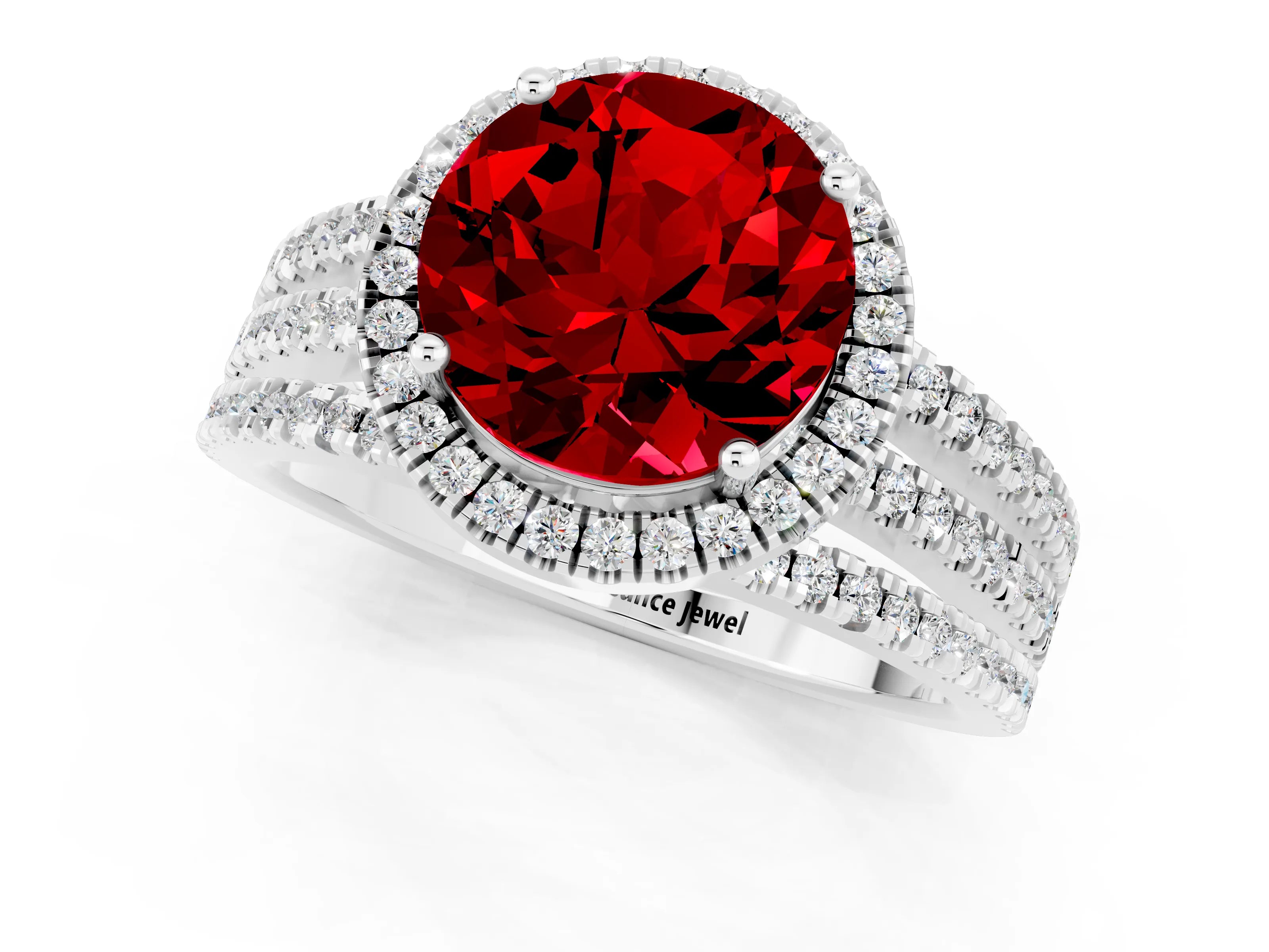 White gold {shape_name} Ruby Halo Engagement Ring with Split Shank and Four-Prong Setting_1