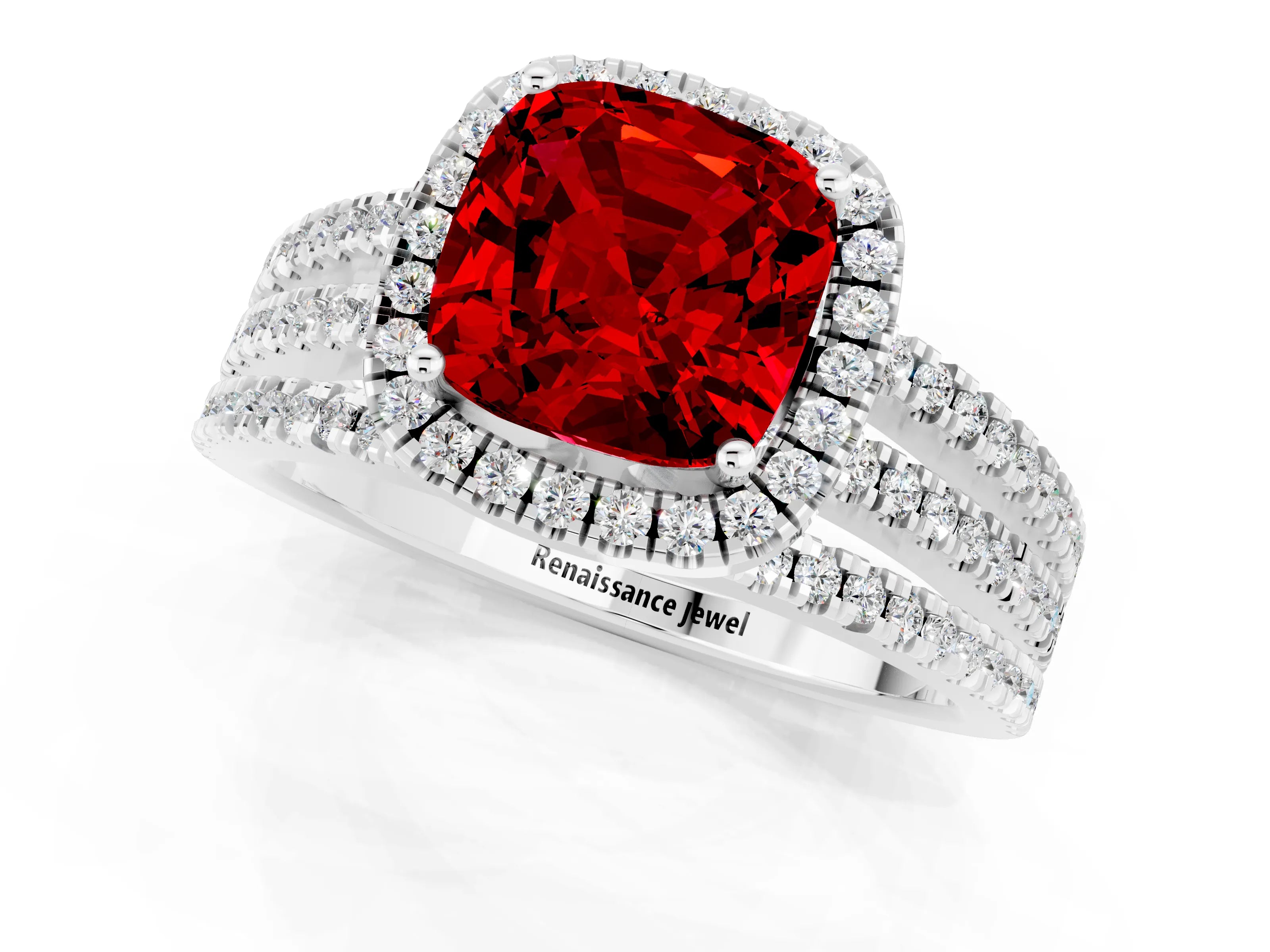 White gold {shape_name} Ruby Halo Engagement Ring with Split Shank and Four-Prong Setting_1